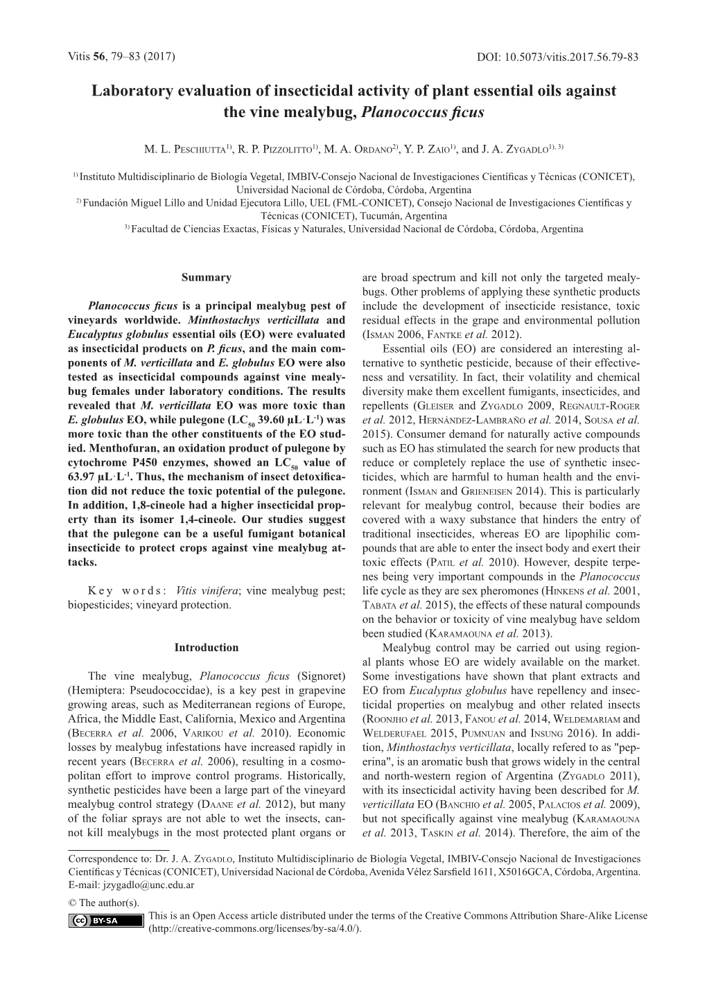 Laboratory Evaluation of Insecticidal Activity of Plant Essential Oils Against the Vine Mealybug, Planococcus Ficus