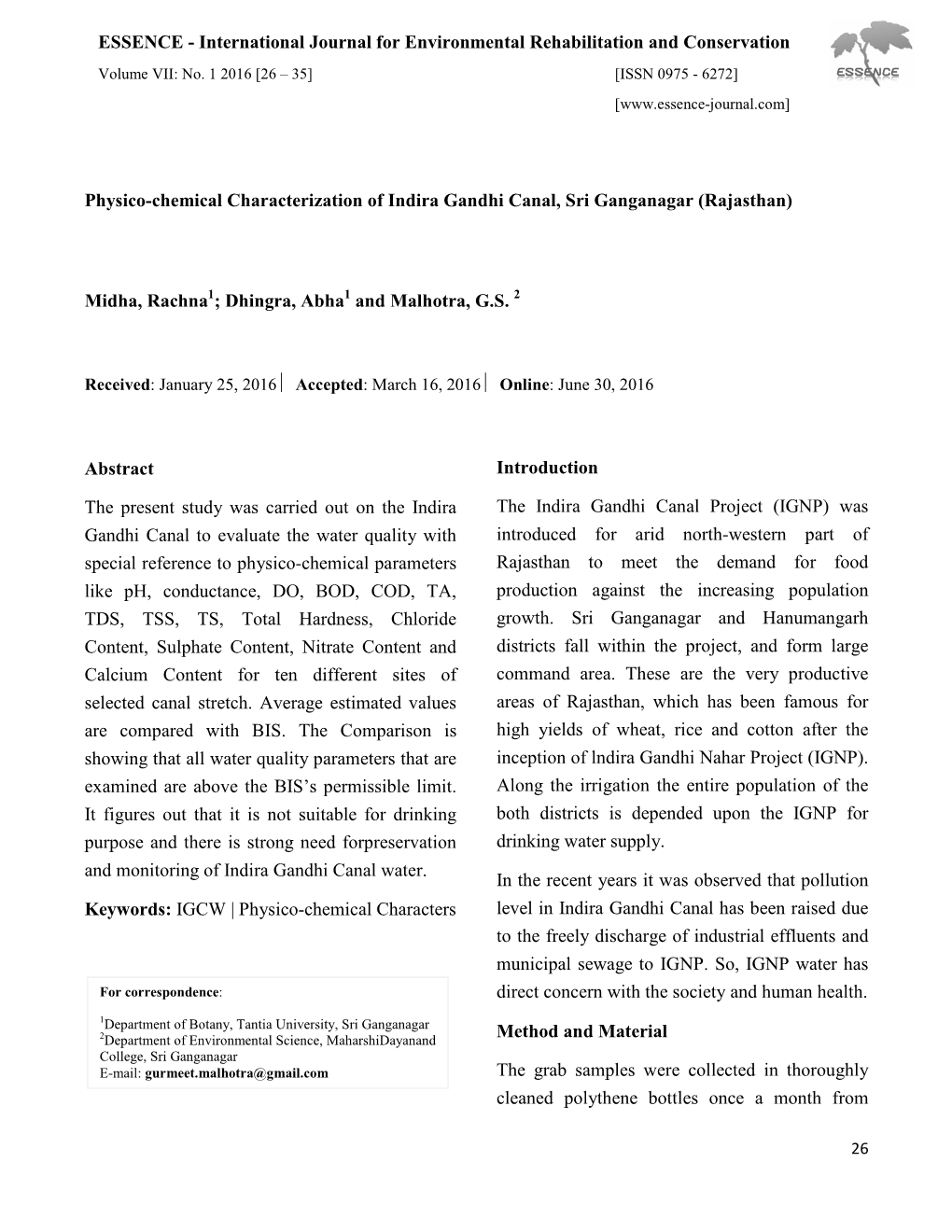 Physico-Chemical Characterization of Indira Gandhi Canal, Sri Ganganagar (Rajasthan)