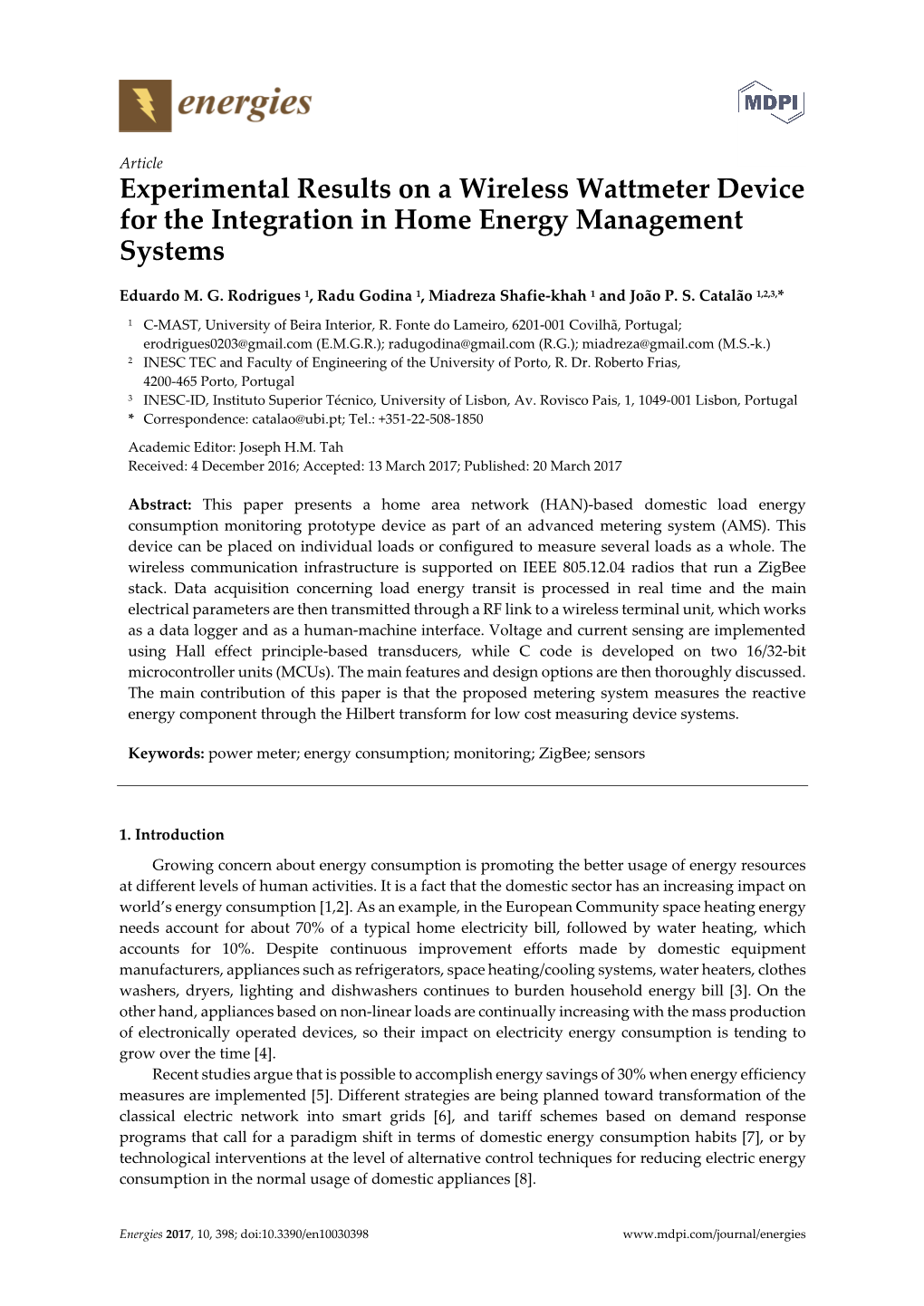 Experimental Results on a Wireless Wattmeter Device for the Integration in Home Energy Management Systems