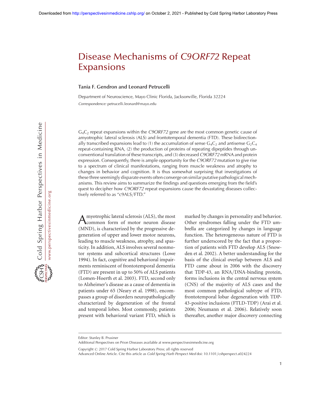 Disease Mechanisms of C9ORF72 Repeat Expansions