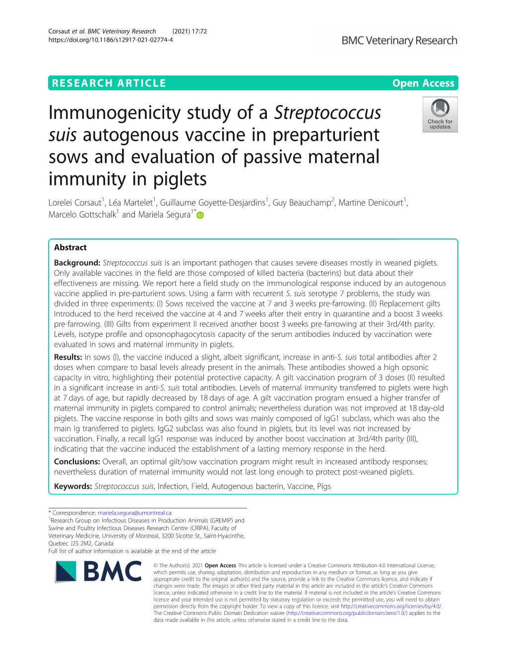 Immunogenicity Study of a Streptococcus Suis Autogenous