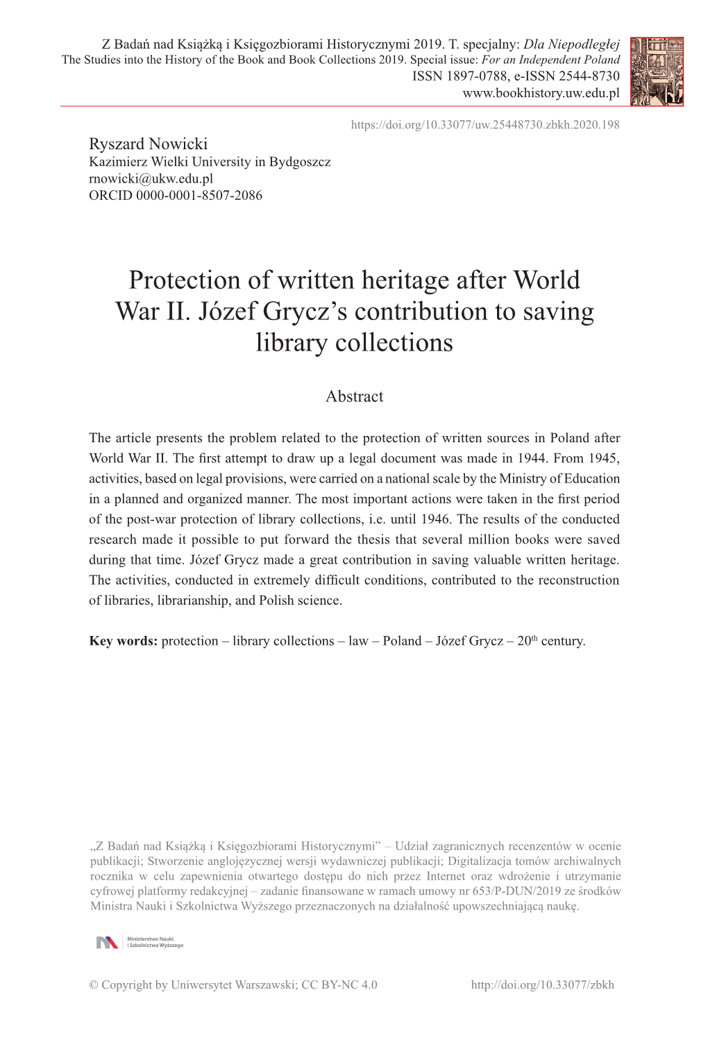 Protection of Written Heritage After World War II. Józef Grycz's