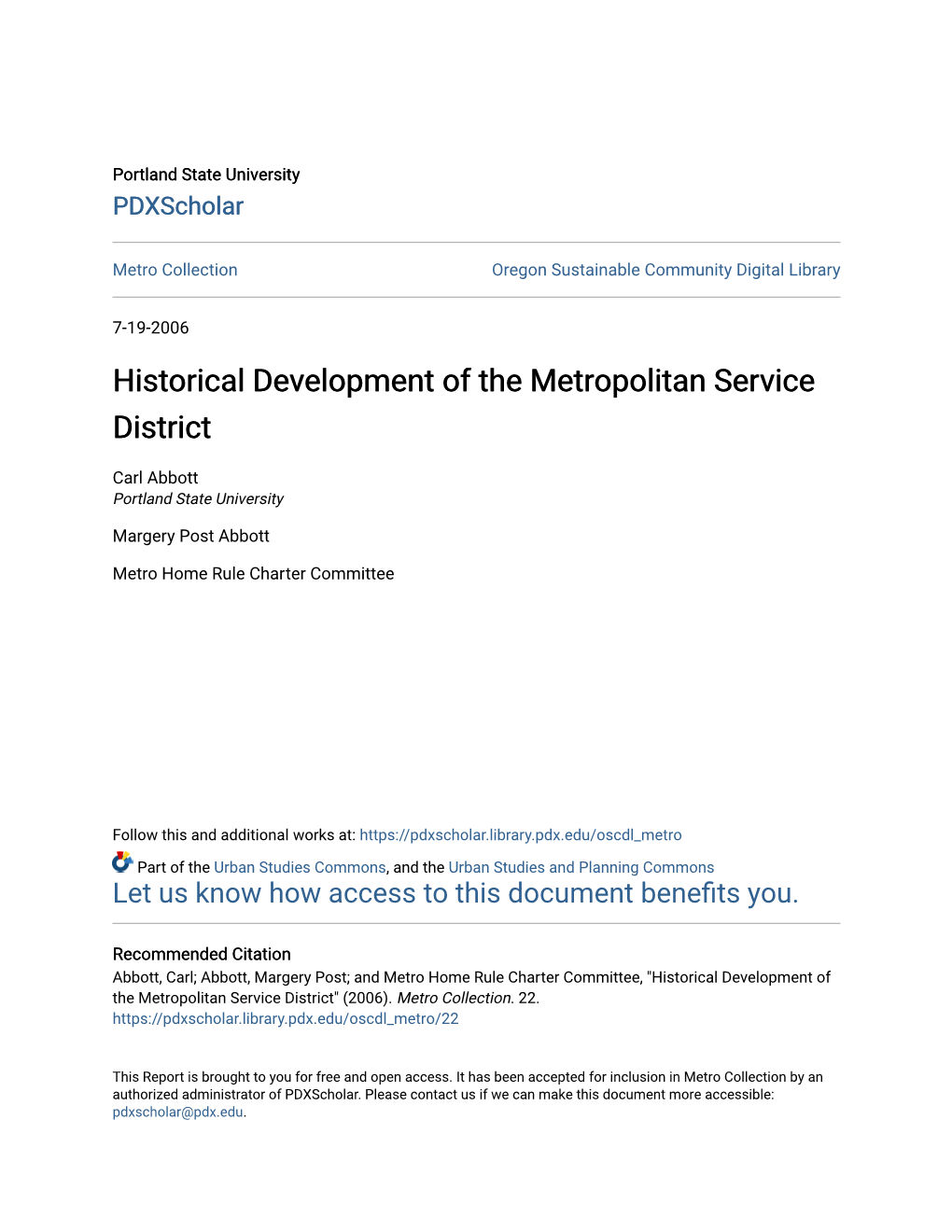 Historical Development of the Metropolitan Service District