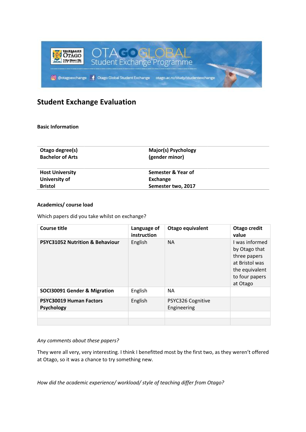 Student Exchange Evaluation