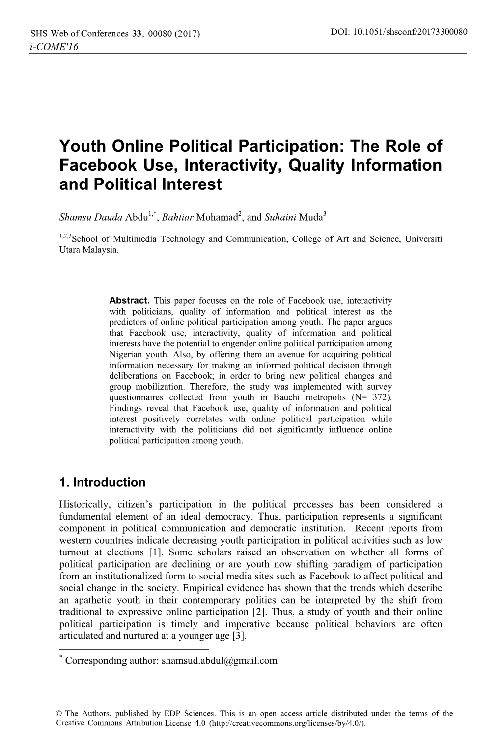 Youth Online Political Participation: the Role of Facebook Use, Interactivity, Quality Information and Political Interest