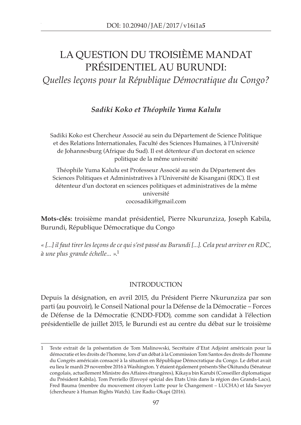 LA QUESTION DU TROISIÈME MANDAT PRÉSIDENTIEL AU BURUNDI: Quelles Leçons Pour La République Démocratique Du Congo?