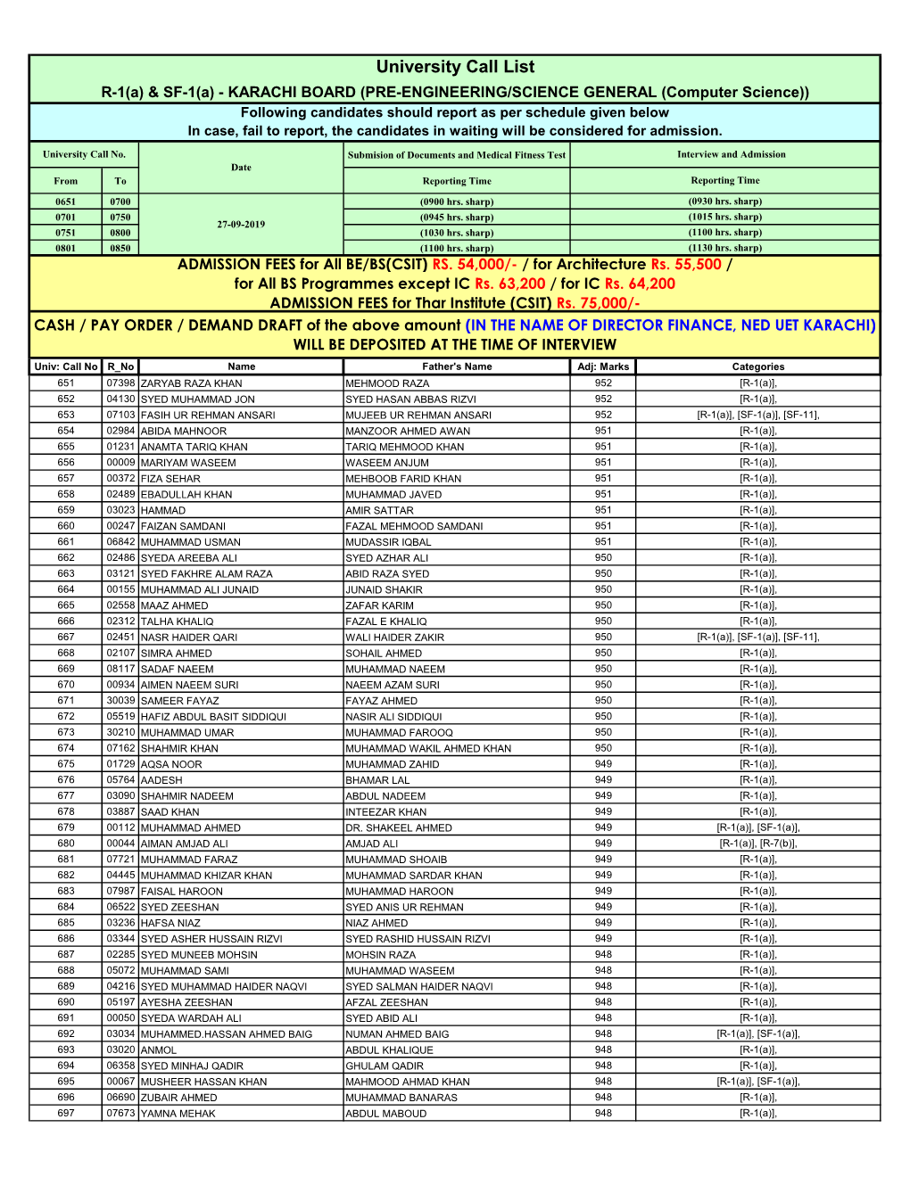 University Call List