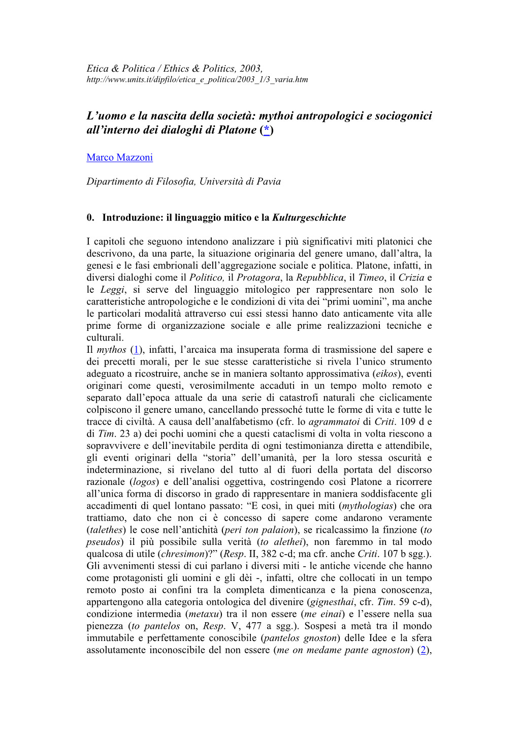 Mythoi Antropologici E Sociogonici All'interno Dei Dialoghi Di Platone