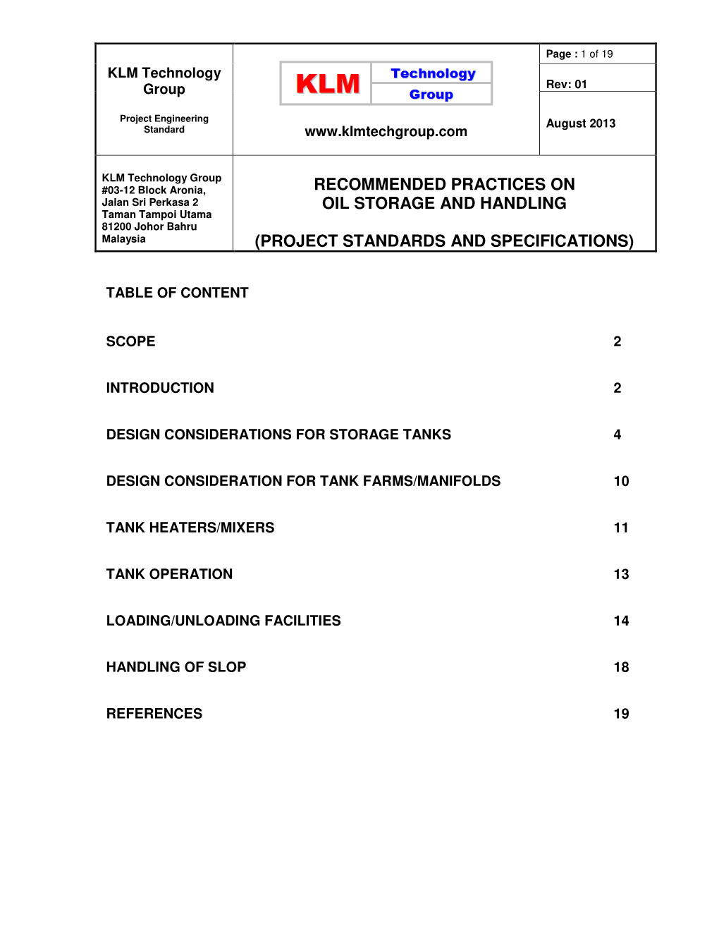 Recommended Practices on Oil Storage and Handling (Project Standards and Specifications)