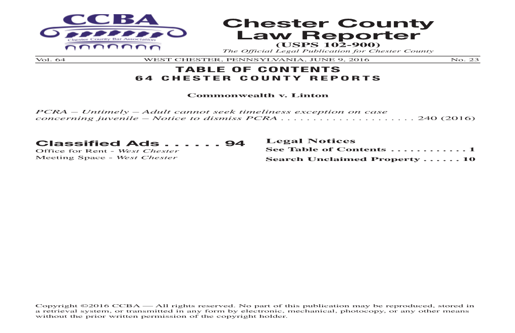 Chester County Law Reporter (USPS 102-900) the Official Legal Publication for Chester County