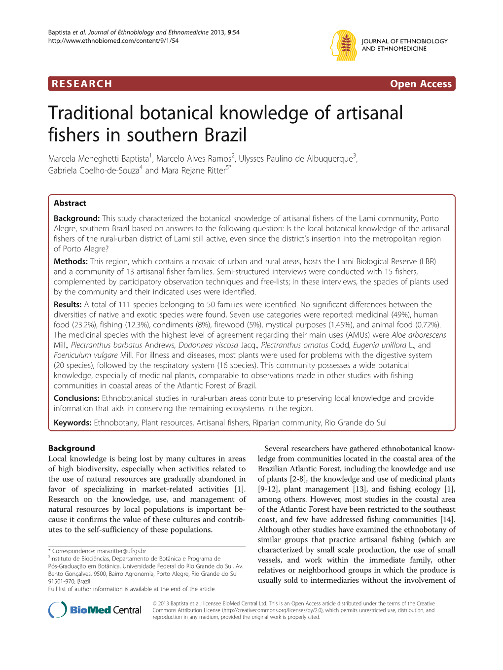 Traditional Botanical Knowledge of Artisanal Fishers in Southern Brazil