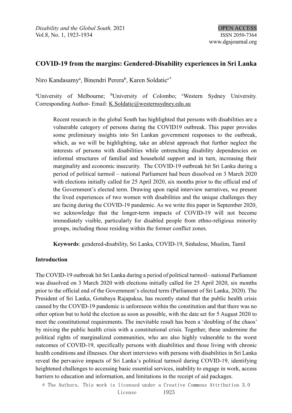 COVID-19 from the Margins: Gendered-Disability Experiences in Sri Lanka