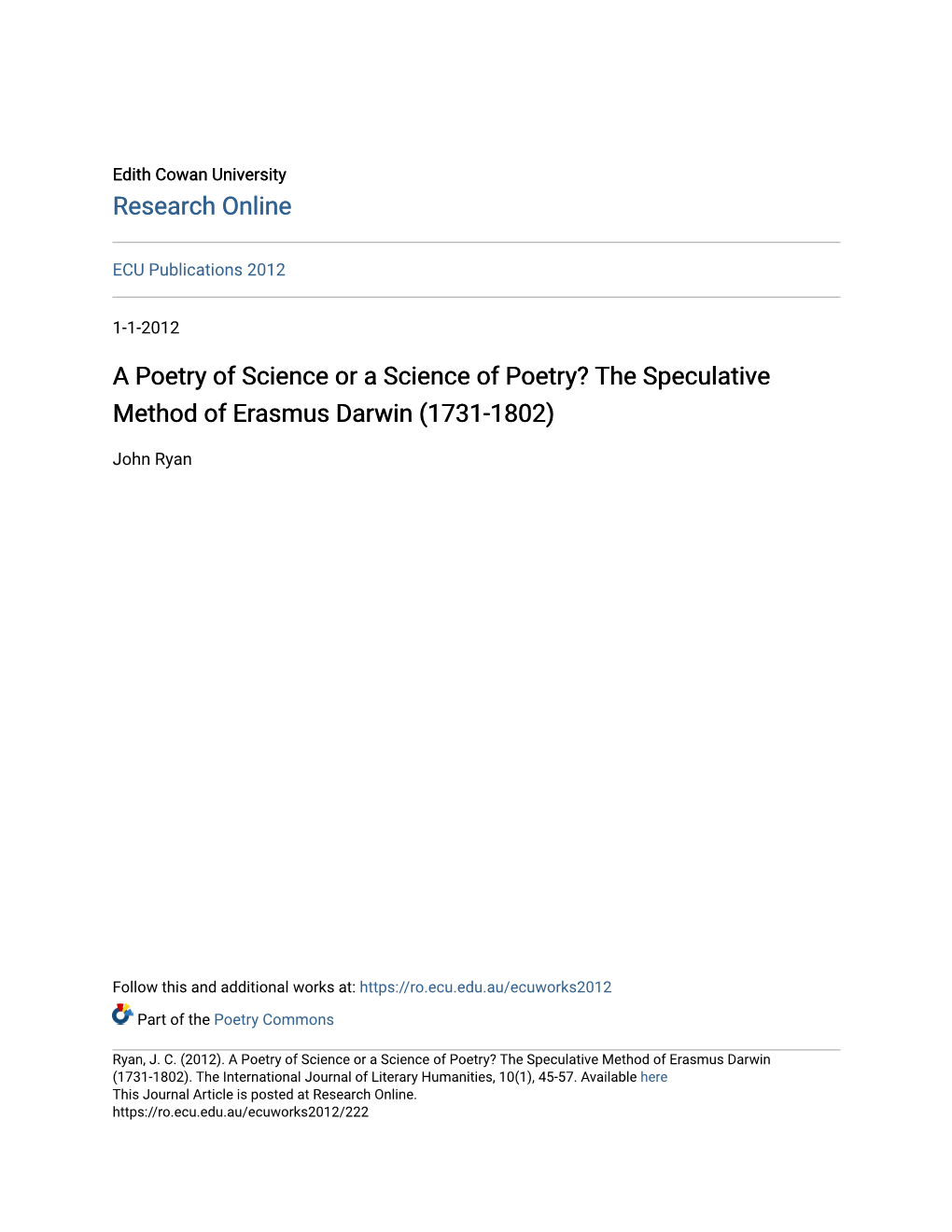 A Poetry of Science Or a Science of Poetry? the Speculative Method of Erasmus Darwin (1731-1802)