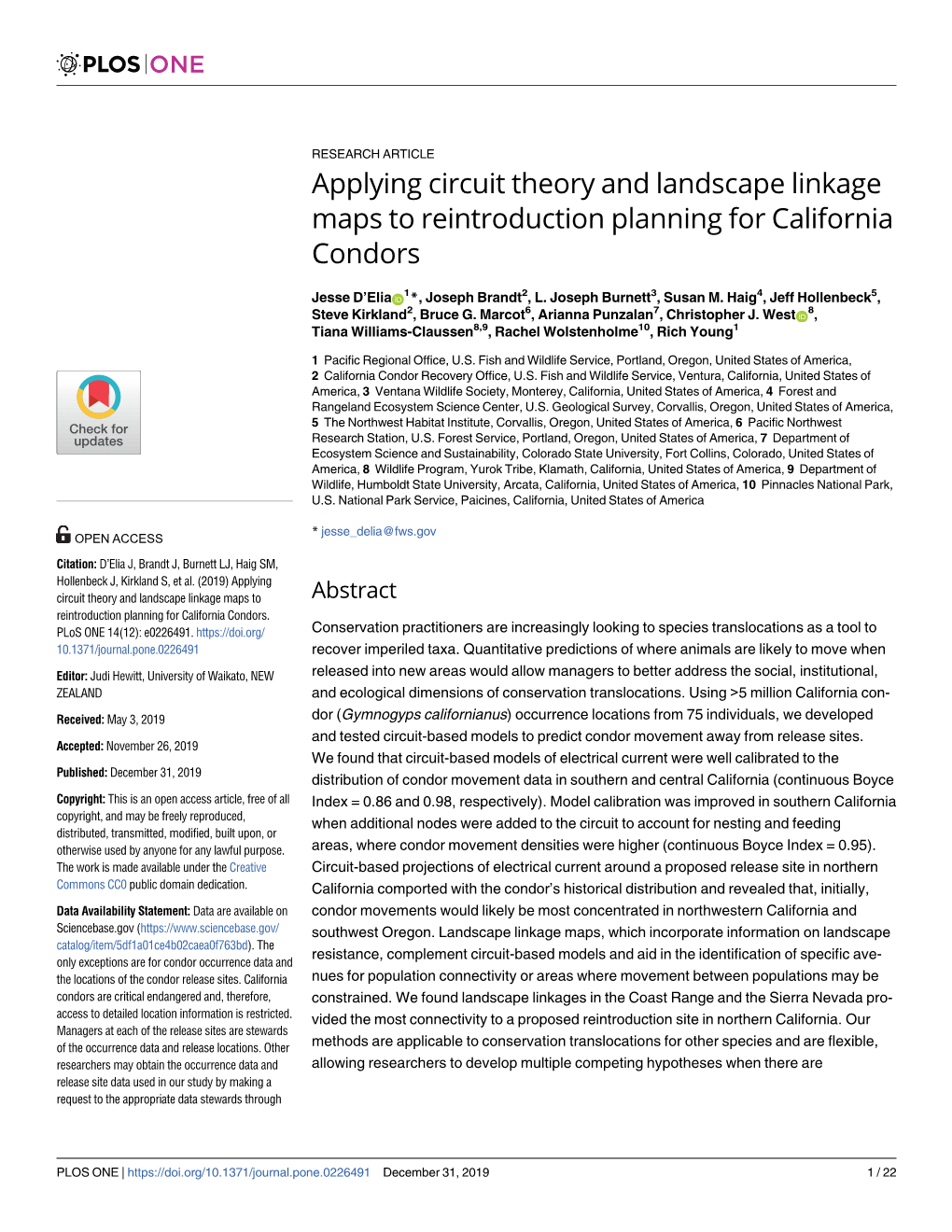 Applying Circuit Theory and Landscape Linkage Maps to Reintroduction Planning for California Condors