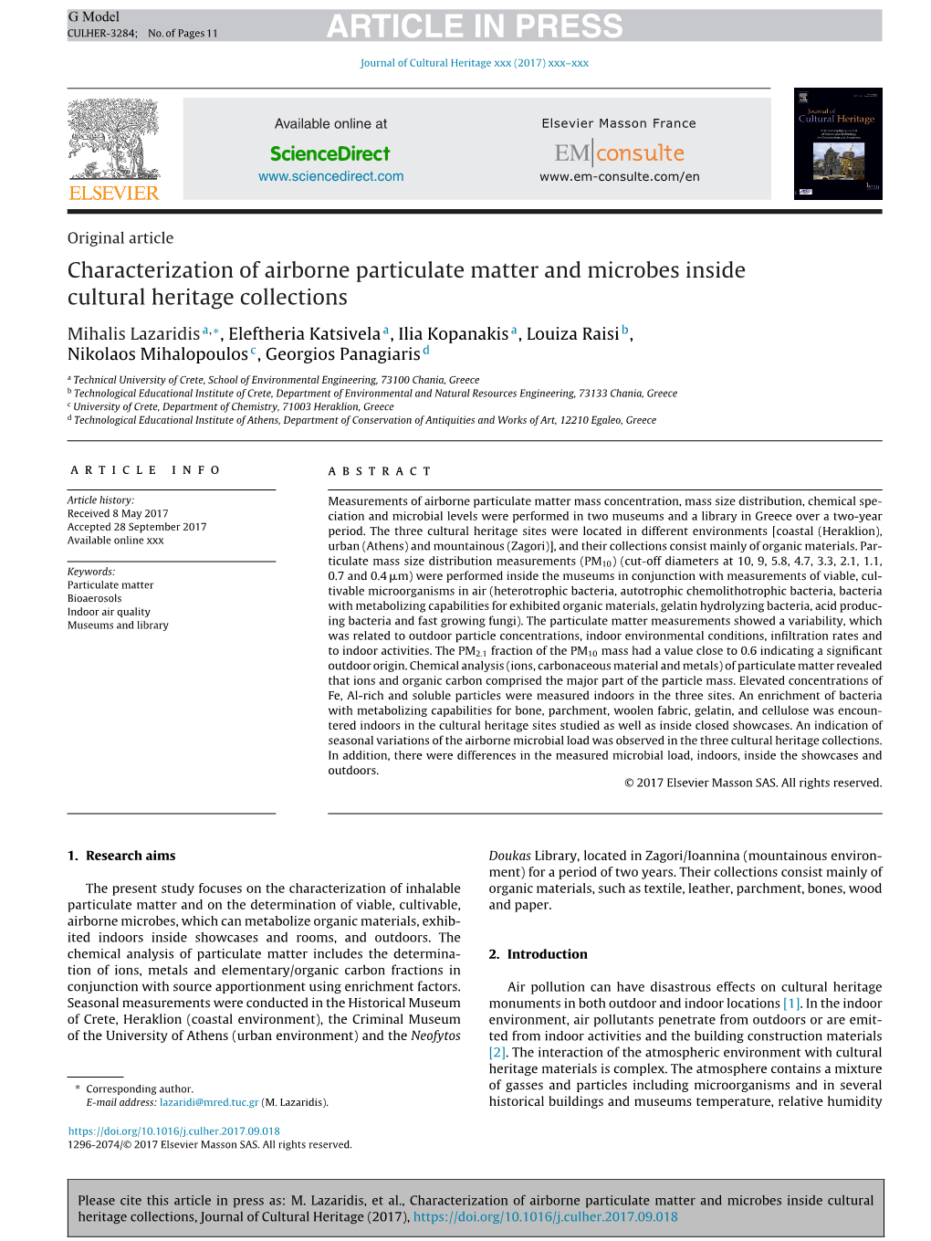 Characterization of Airborne Particulate Matter and Microbes Inside Cultural Heritage Collections