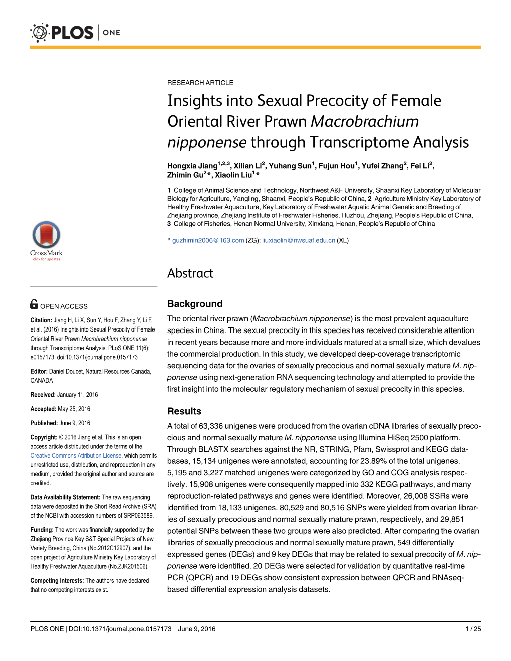 Insights Into Sexual Precocity of Female Oriental River Prawn Macrobrachium Nipponense Through Transcriptome Analysis