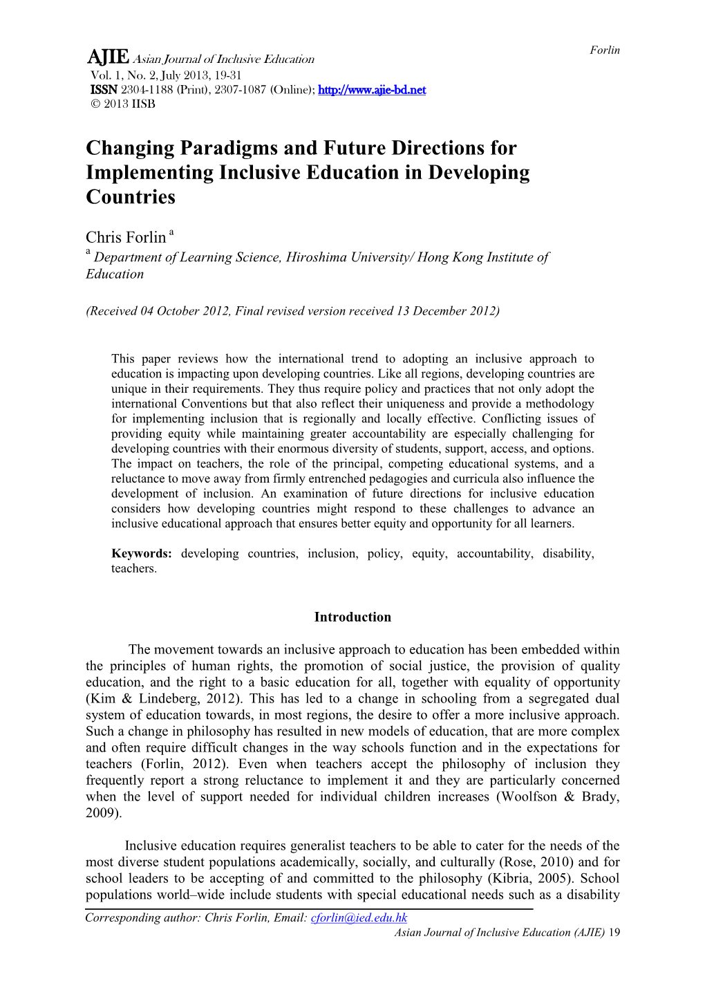 Changing Paradigms and Future Directions for Implementing Inclusive Education in Developing Countries