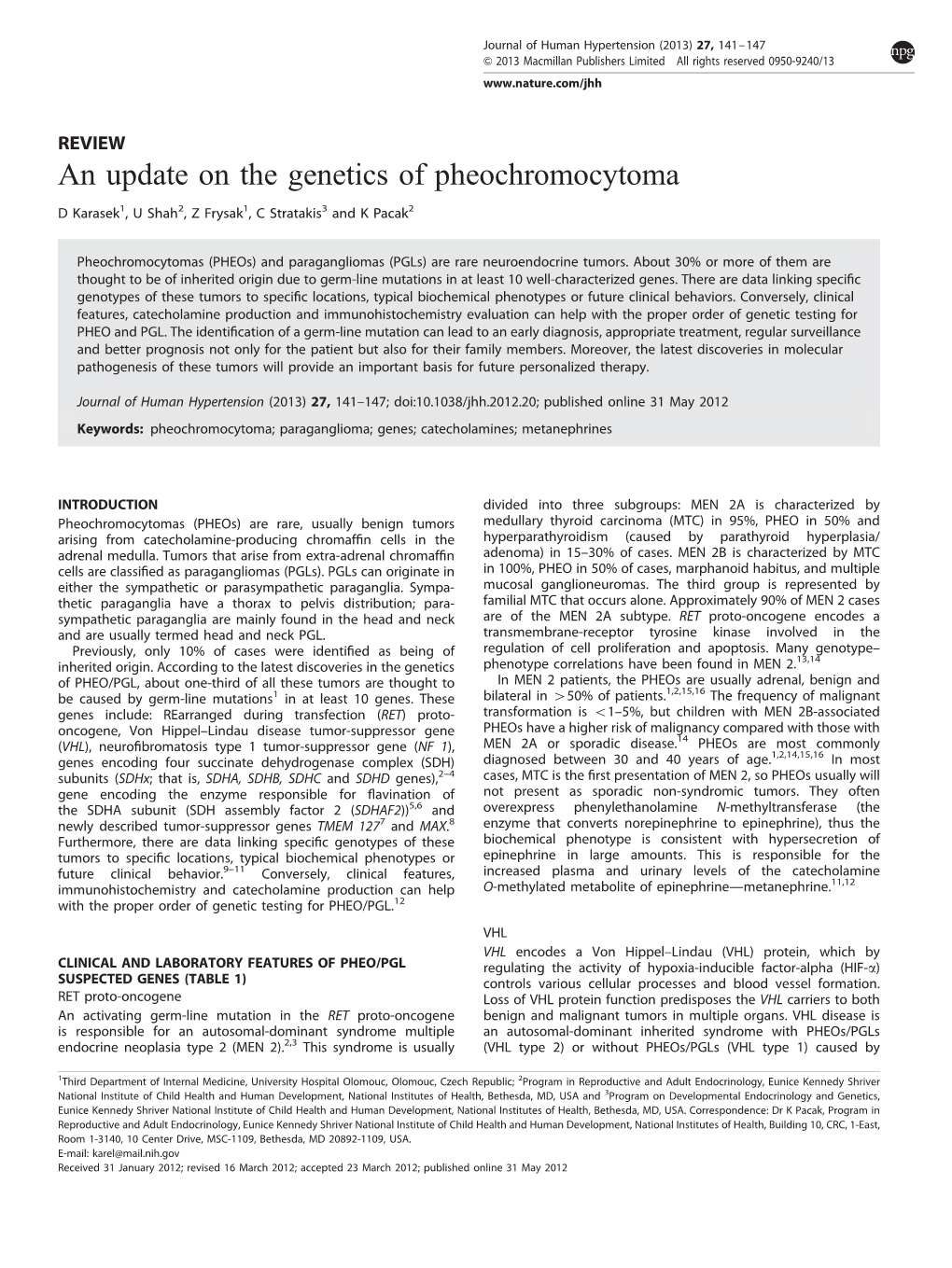 An Update on the Genetics of Pheochromocytoma