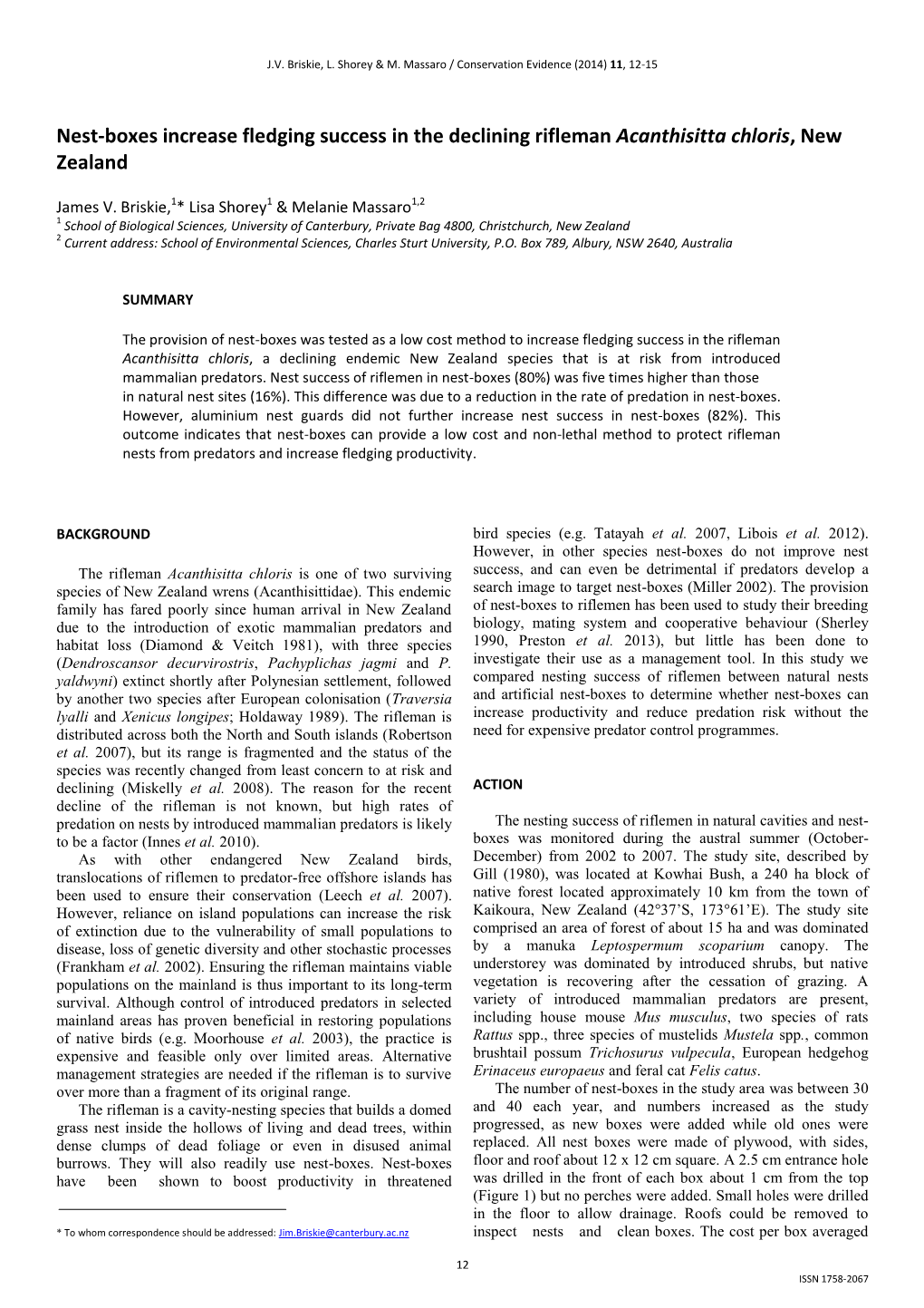 Nest-Boxes Increase Fledging Success in the Declining Rifleman Acanthisitta Chloris, New Zealand