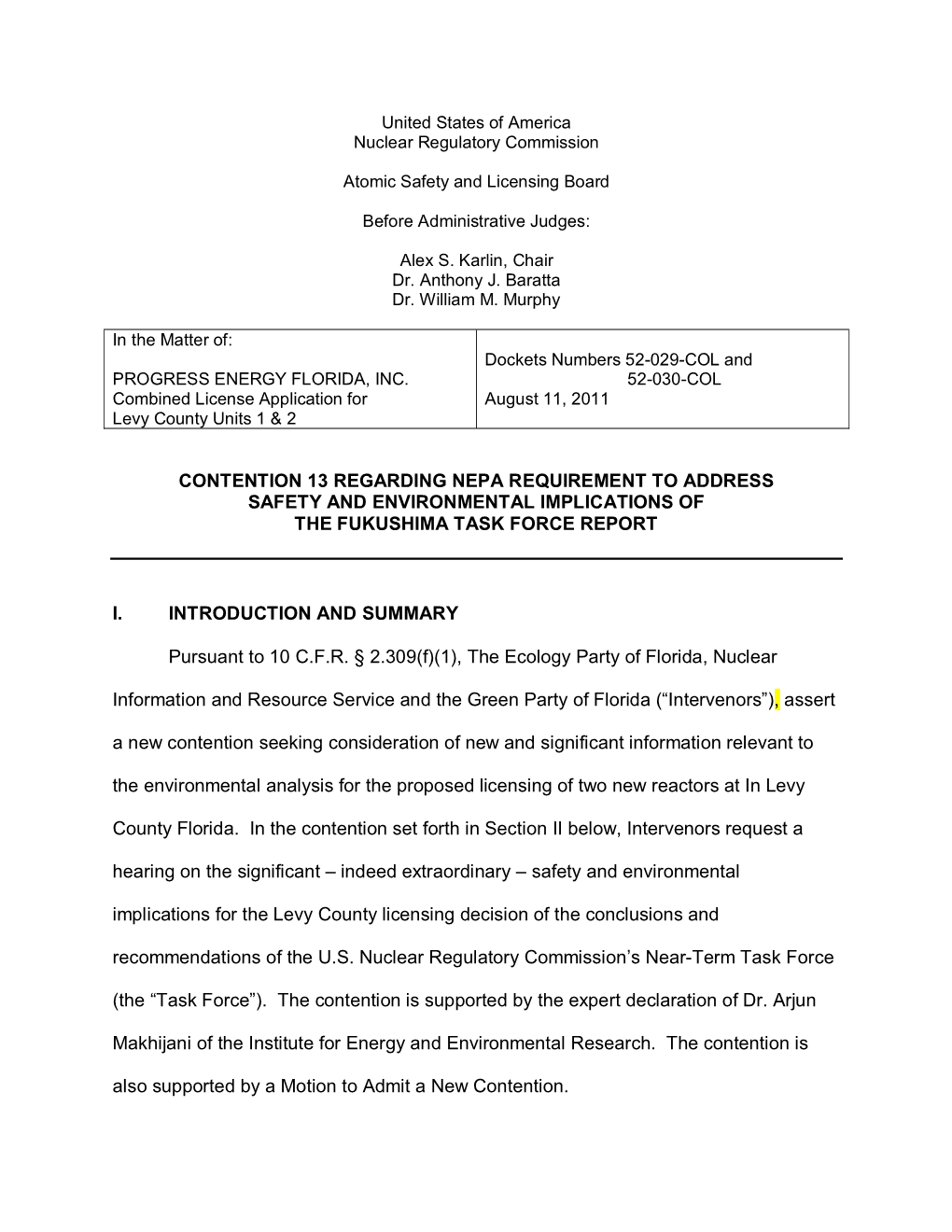 Contention 13 Regarding Nepa Requirement to Address Safety and Environmental Implications of the Fukushima Task Force Report