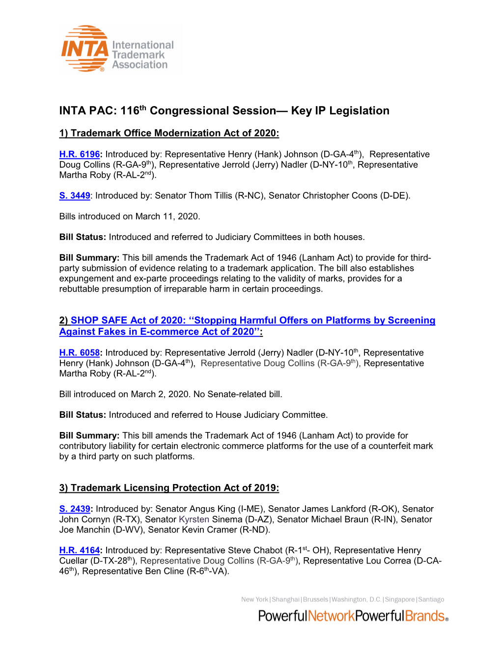 INTA PAC: 116Th Congressional Session— Key IP Legislation