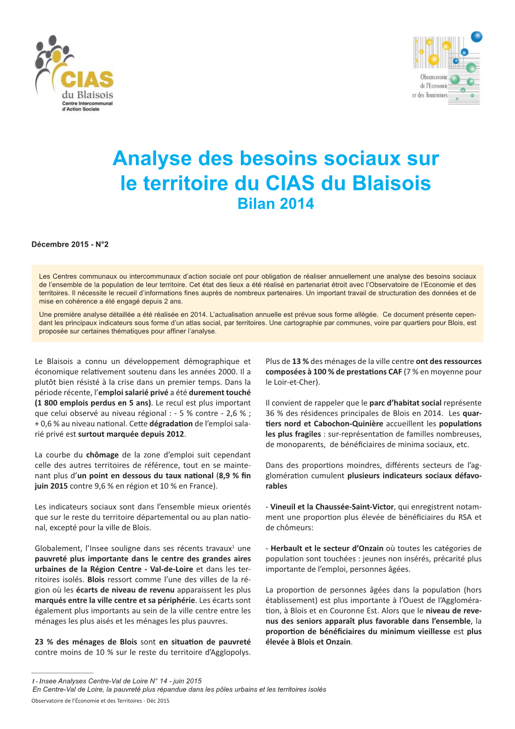 Analyse Des Besoins Sociaux Sur Le Territoire Du CIAS Du Blaisois Bilan 2014