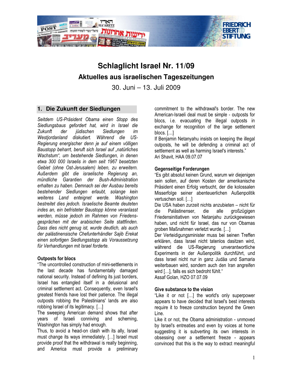 Schlaglicht Israel Nr. 11/09 Aktuelles Aus Israelischen Tageszeitungen 30