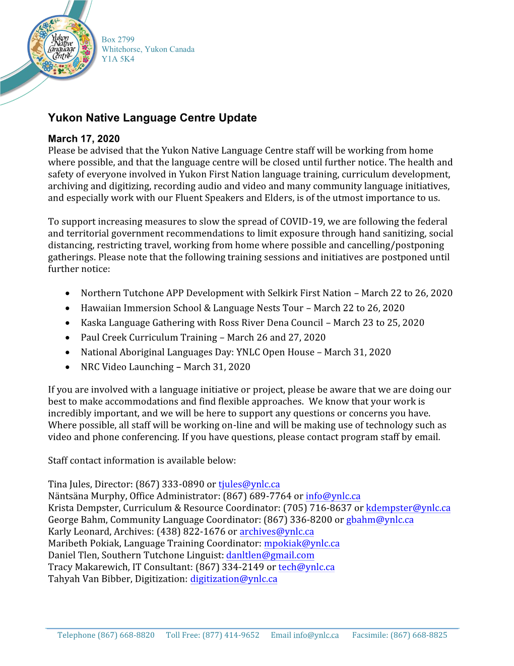 Yukon Native Language Centre Update