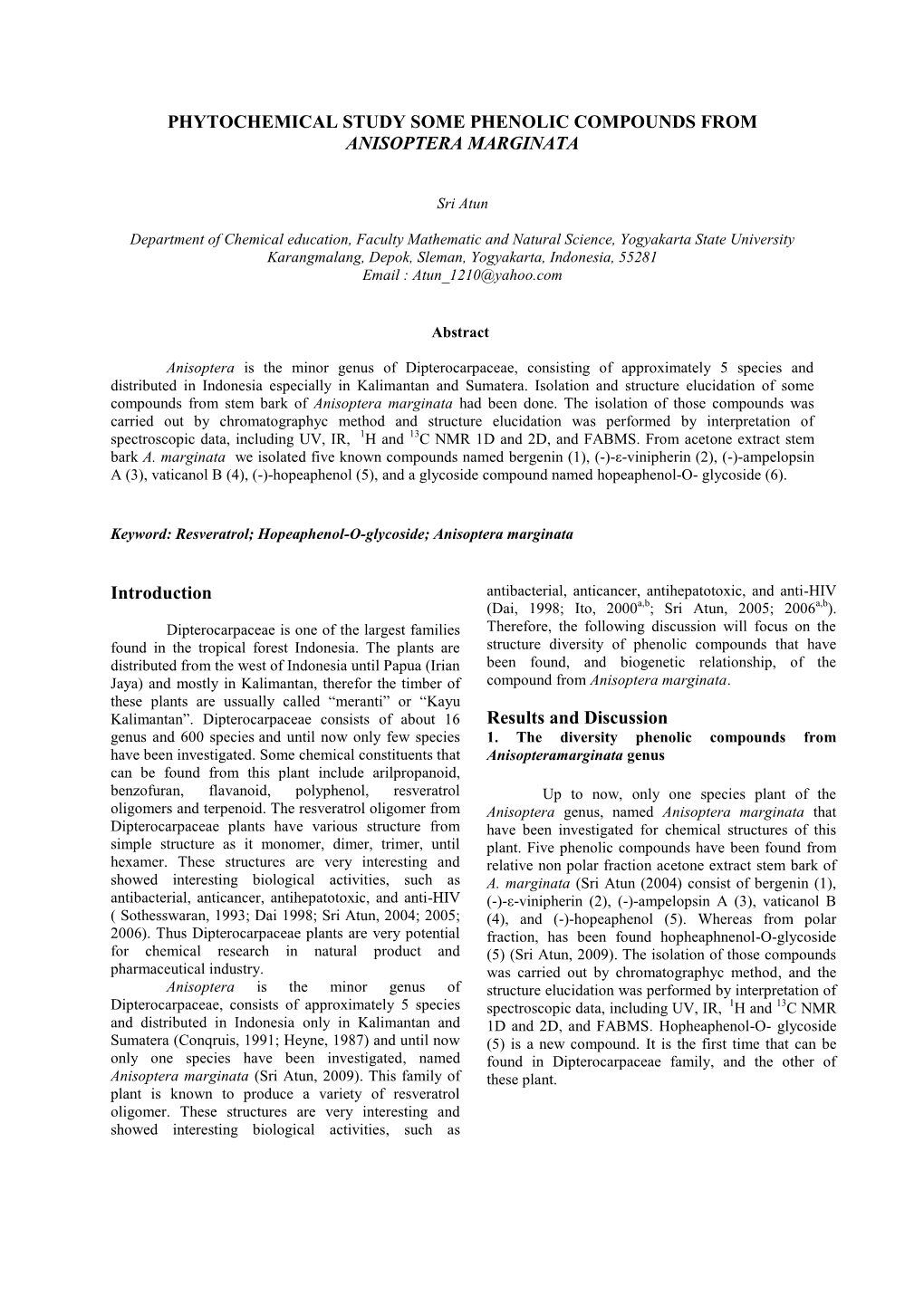 Phytochemical Study Some Phenolic Compounds from Anisoptera Marginata