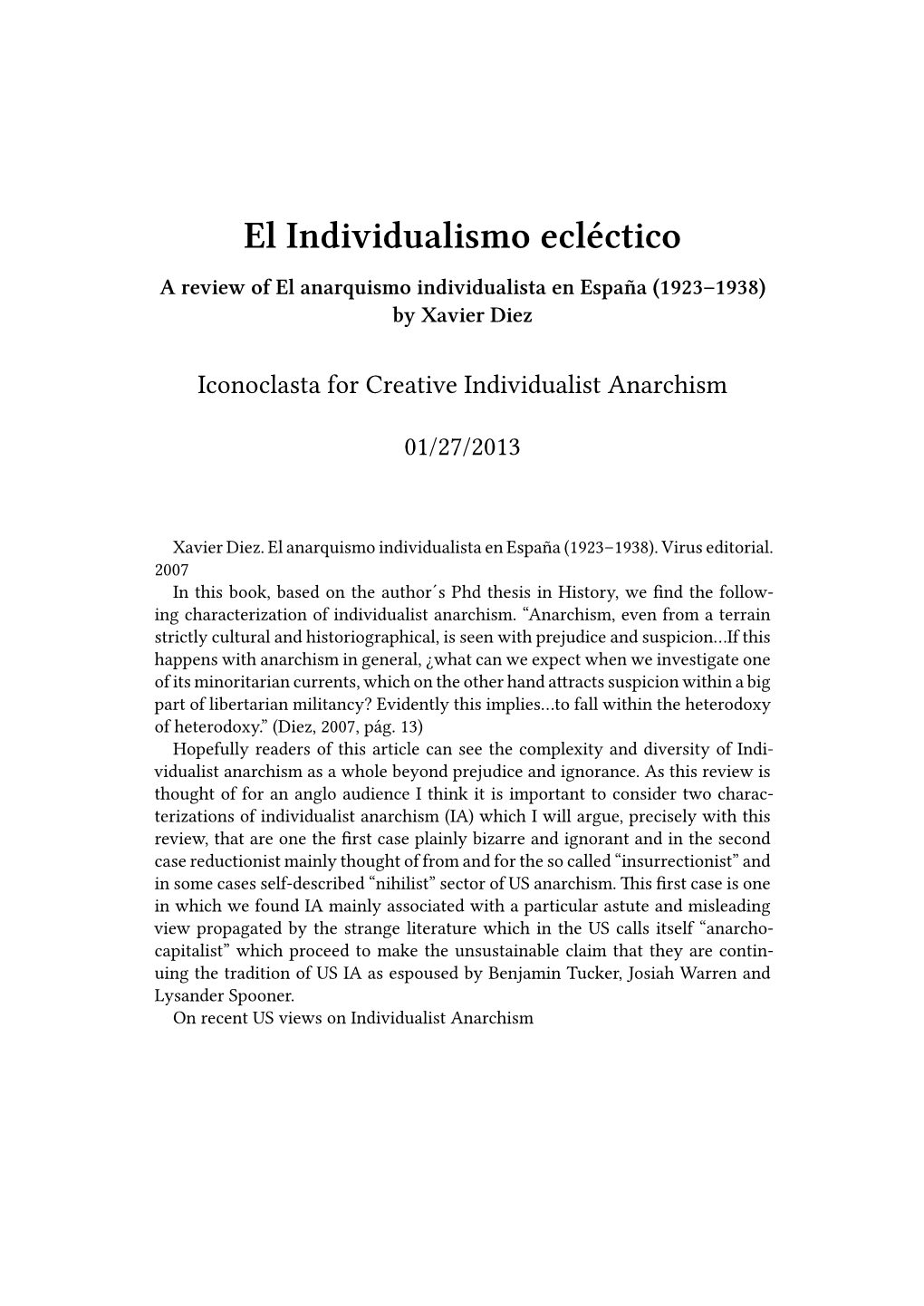 El Individualismo Ecléctico a Review of El Anarquismo Individualista En España (1923–1938) by Xavier Diez