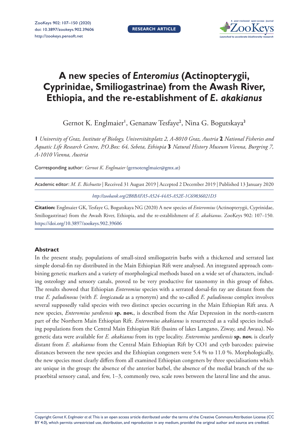 A New Species of Enteromius (Actinopterygii, Cyprinidae, Smiliogastrinae) from the Awash River, Ethiopia, and the Re-Establishment of E