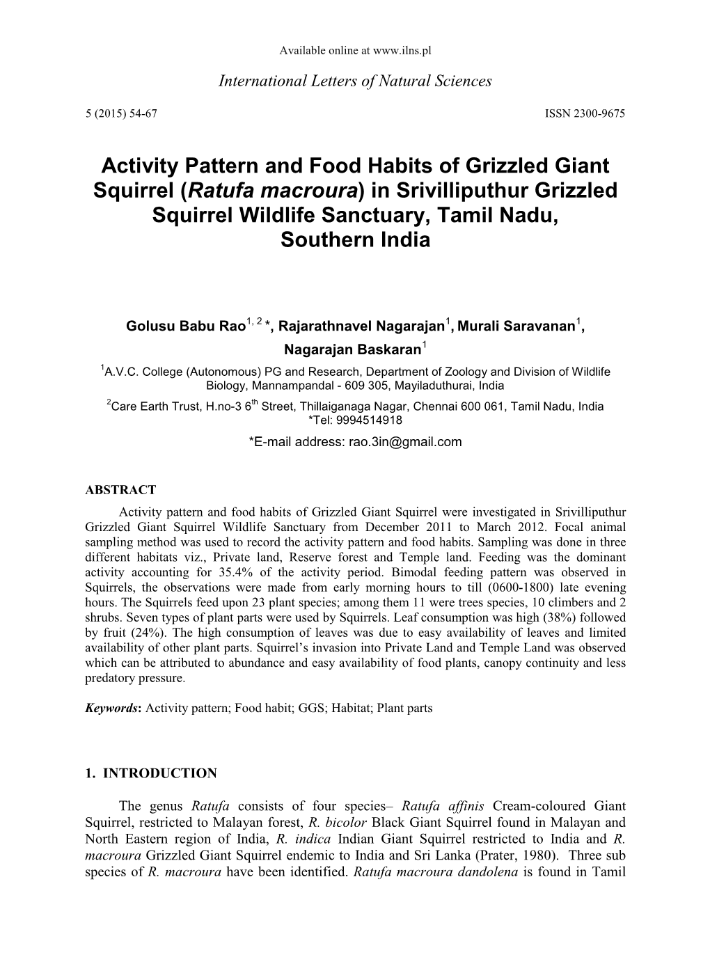 Activity Pattern and Food Habits of Grizzled Giant Squirrel (Ratufa Macroura) in Srivilliputhur Grizzled Squirrel Wildlife Sanctuary, Tamil Nadu, Southern India