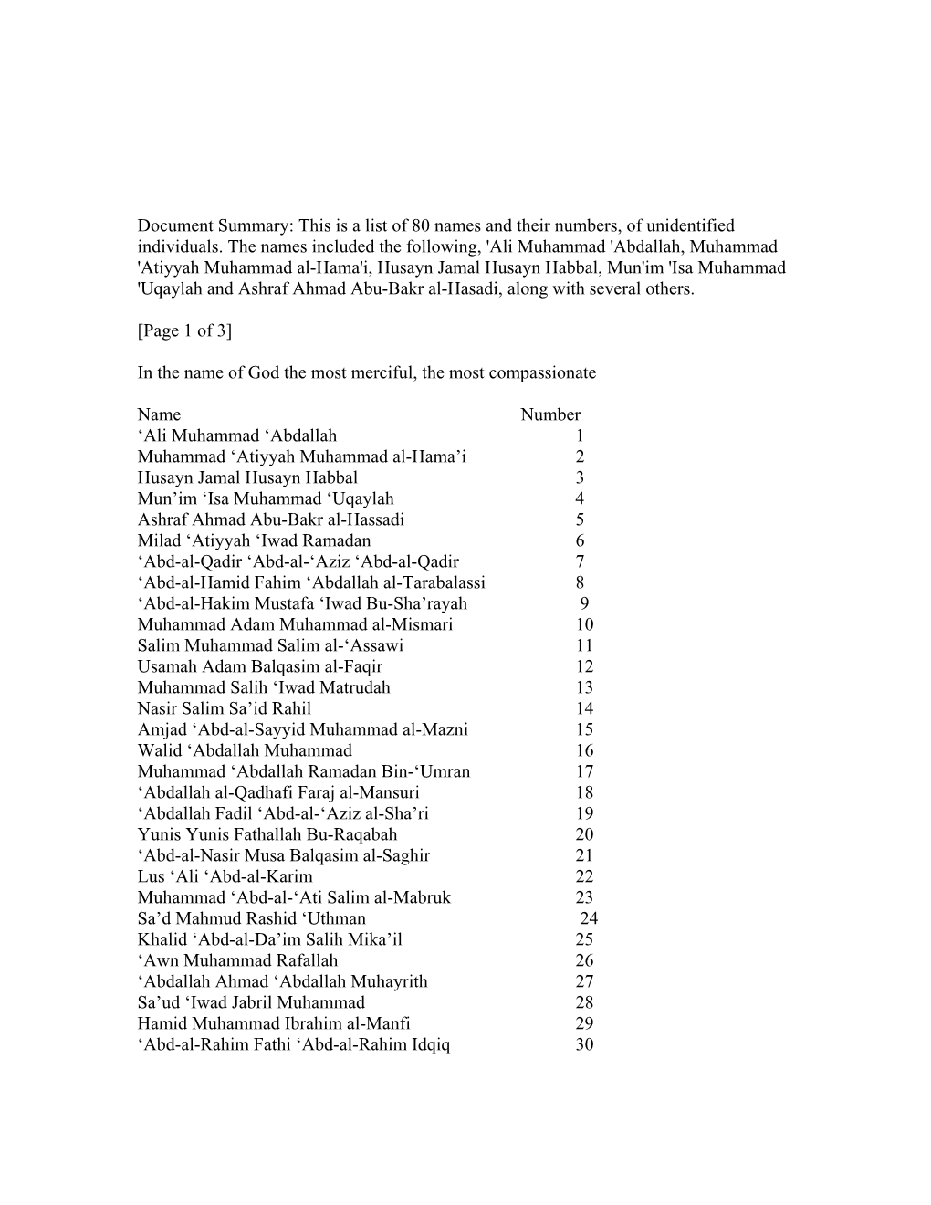 Document Summary: This Is a List of 80 Names and Their Numbers, of Unidentified Individuals