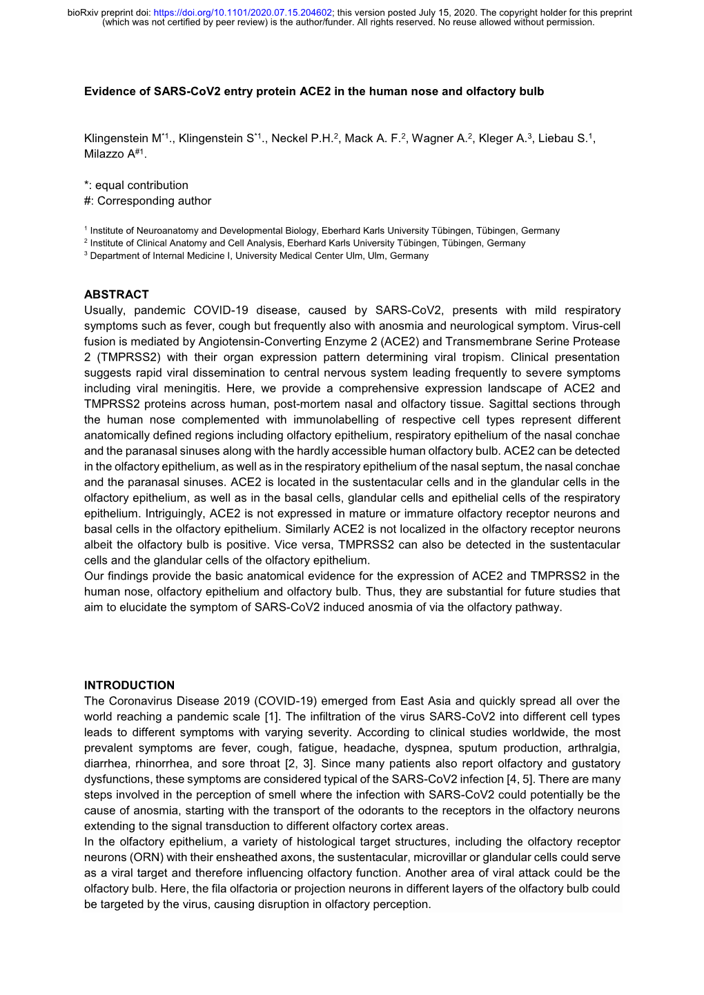 Evidence of SARS-Cov2 Entry Protein ACE2 in the Human Nose and Olfactory Bulb