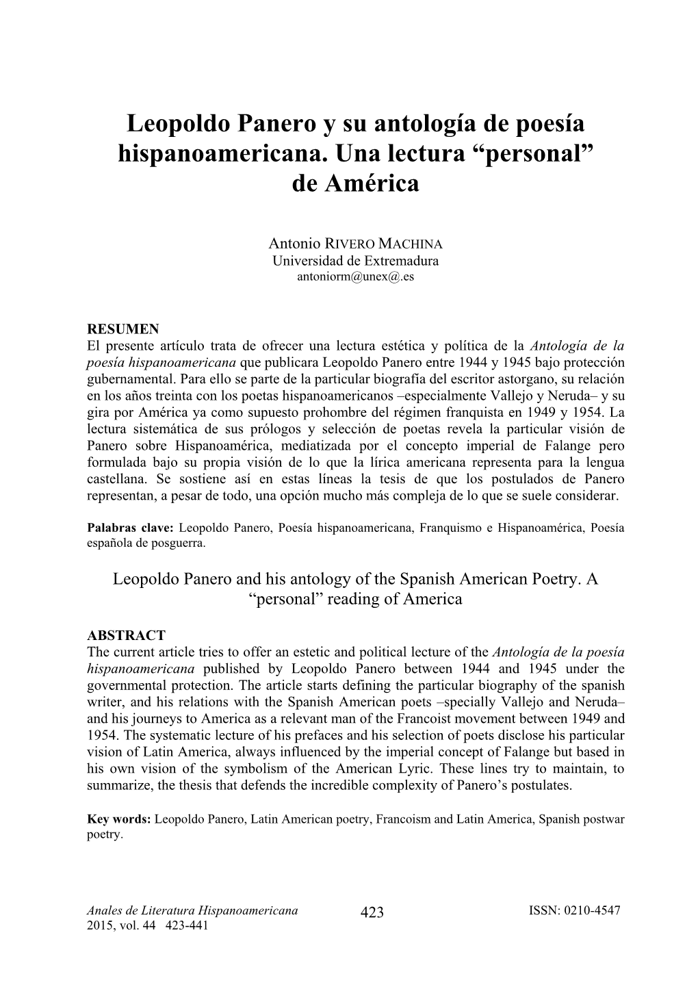 Leopoldo Panero Y Su Antología De Poesía Hispanoamericana. Una Lectura “Personal” De América