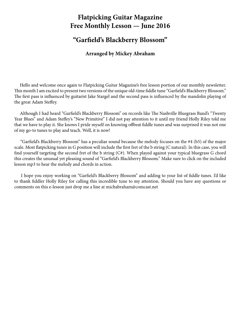 Flatpicking Guitar Magazine Free Monthly Lesson — June 2016 “Garfield’S Blackberry Blossom”