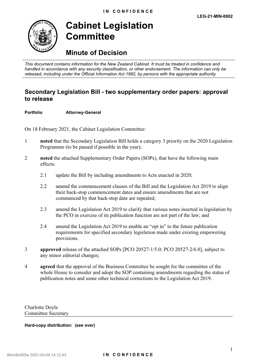 Cabinet Legislation Committee Minute of Decision