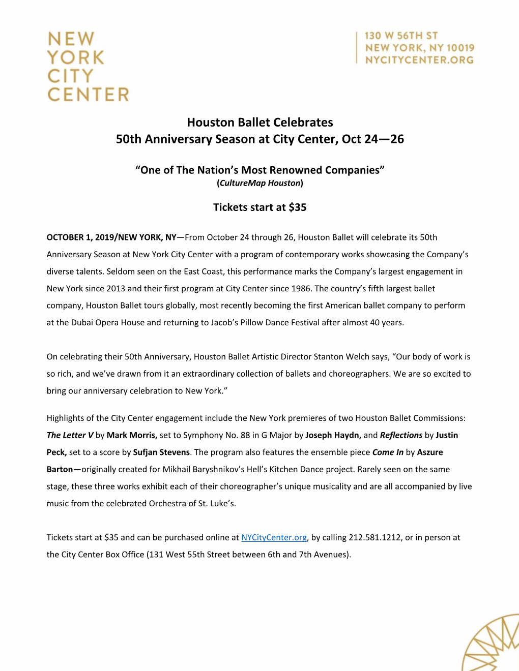 Houston Ballet Celebrates 50Th Anniversary Season at City Center, Oct 24—26