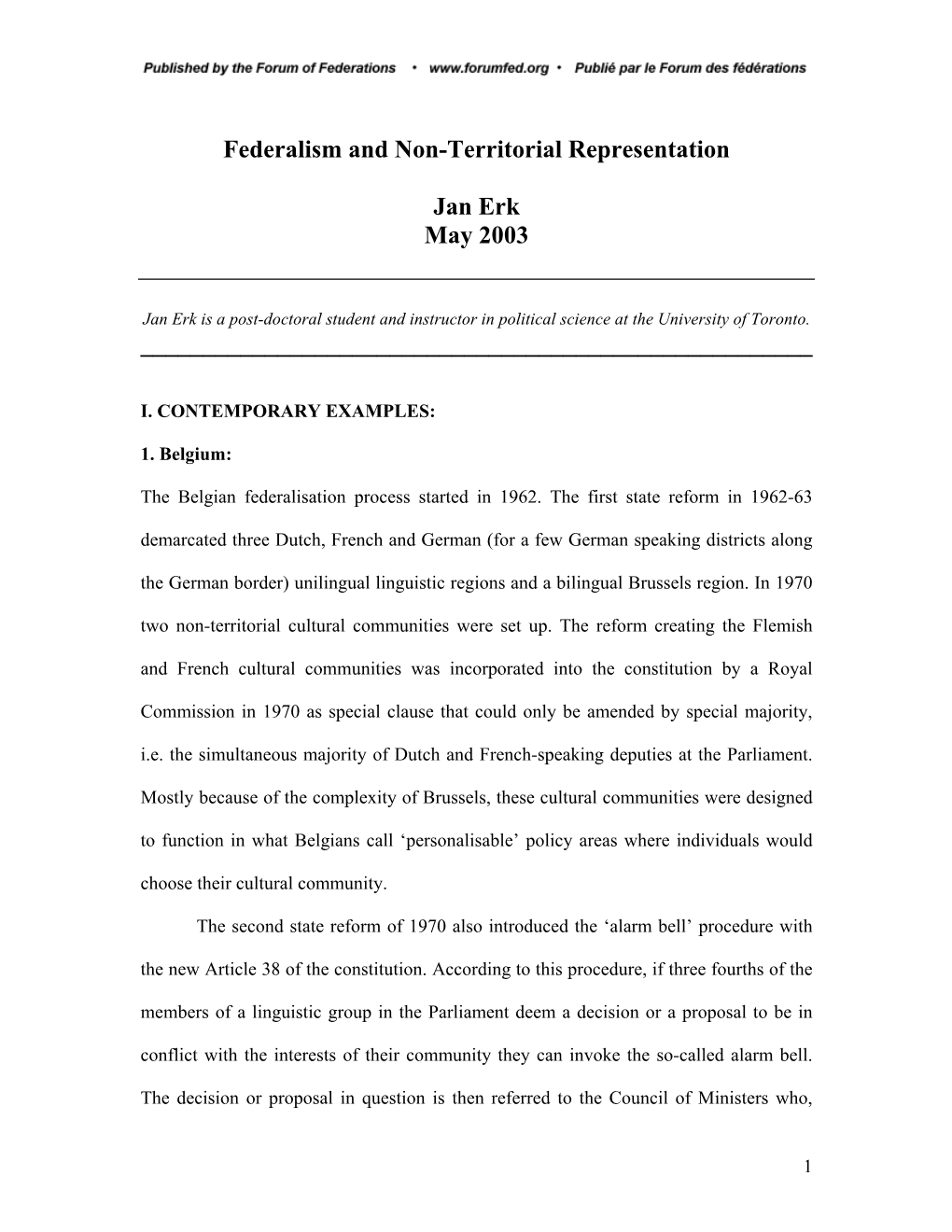 Federalism and Non-Territorial Representation Jan Erk May 2003