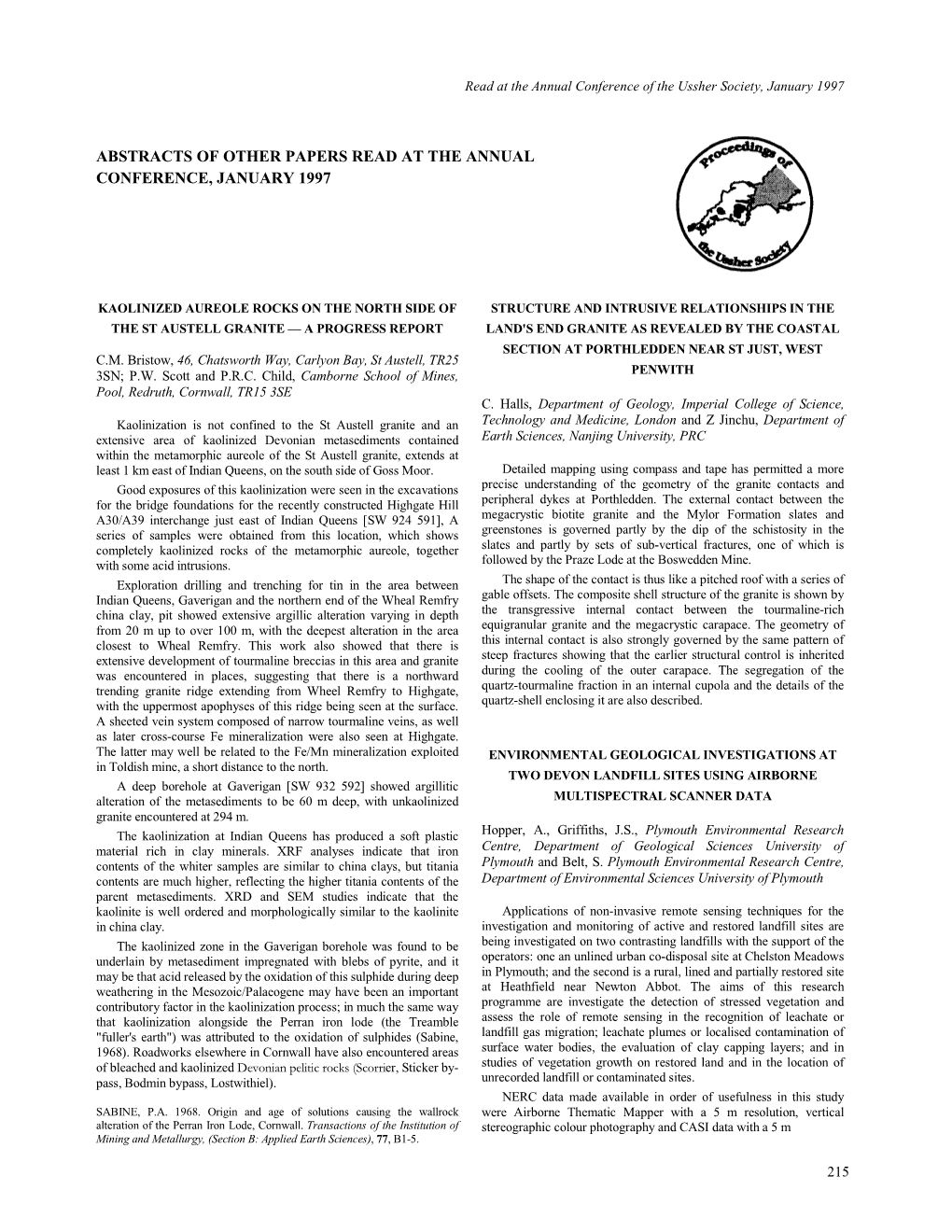 Abstracts of Other Papers Read at the Annual Conference, January 1997