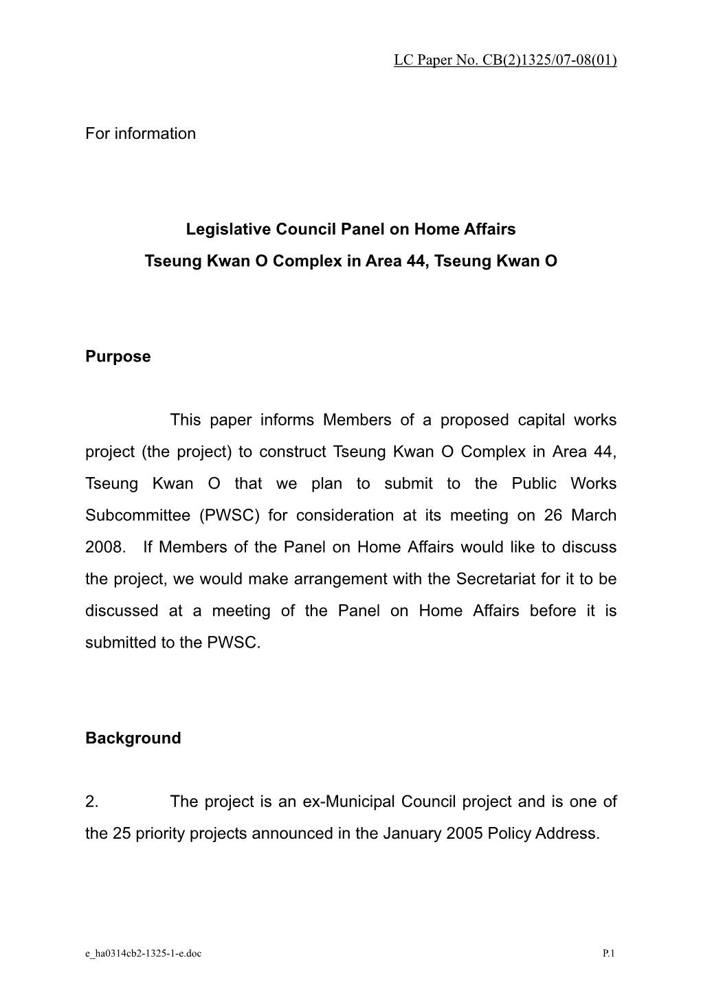 Administration's Paper on Tseung Kwan O Complex in Area 44