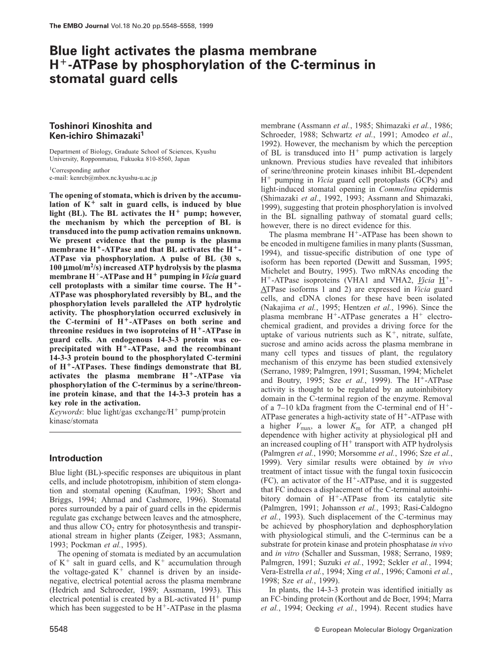 Blue Light Activates the Plasma Membrane H -Atpase by Phosphorylation of the C-Terminus in Stomatal Guard Cells