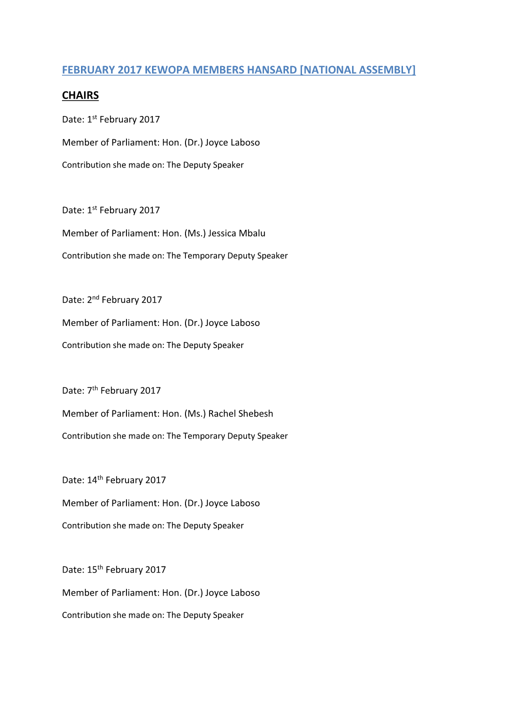 February 2017 Kewopa Members Hansard [National Assembly]