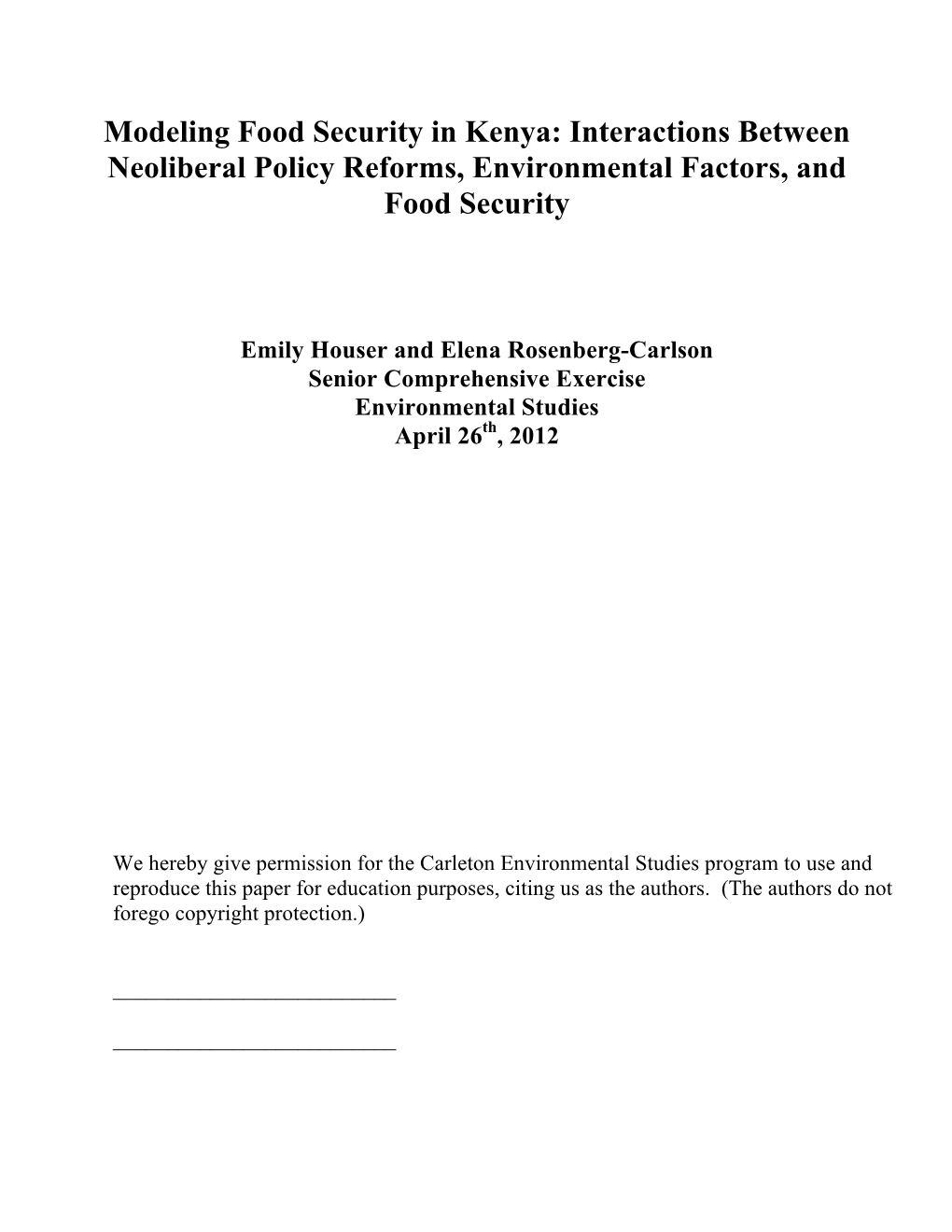 Modeling Food Security in Kenya: Interactions Between Neoliberal Policy Reforms, Environmental Factors, and Food Security