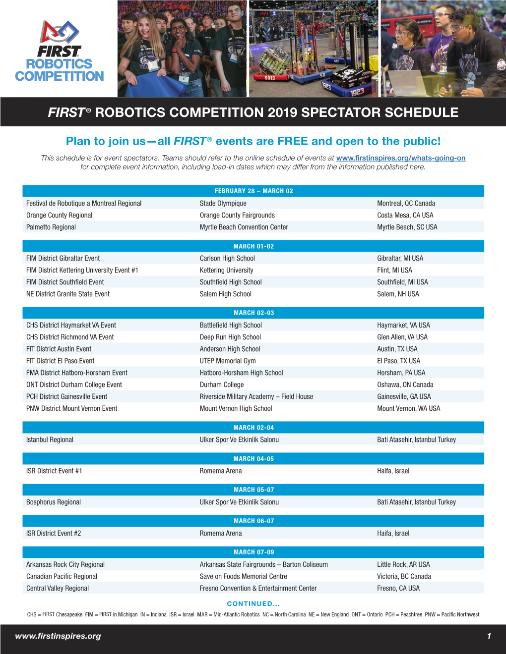 First® Robotics Competition 2019 Spectator Schedule