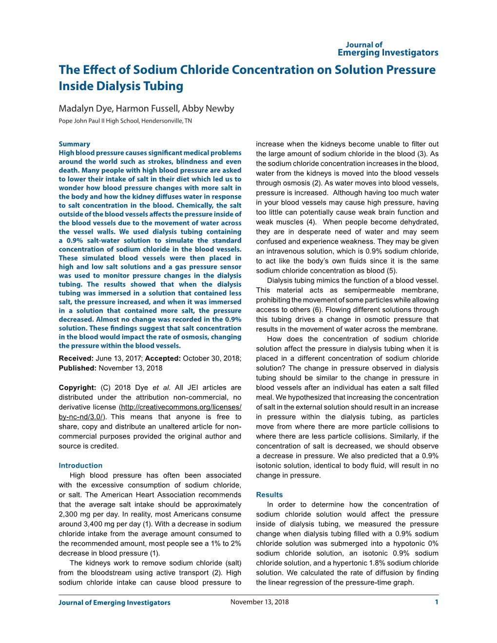 The Effect of Sodium Chloride Concentration on Solution Pressure Inside Dialysis Tubing