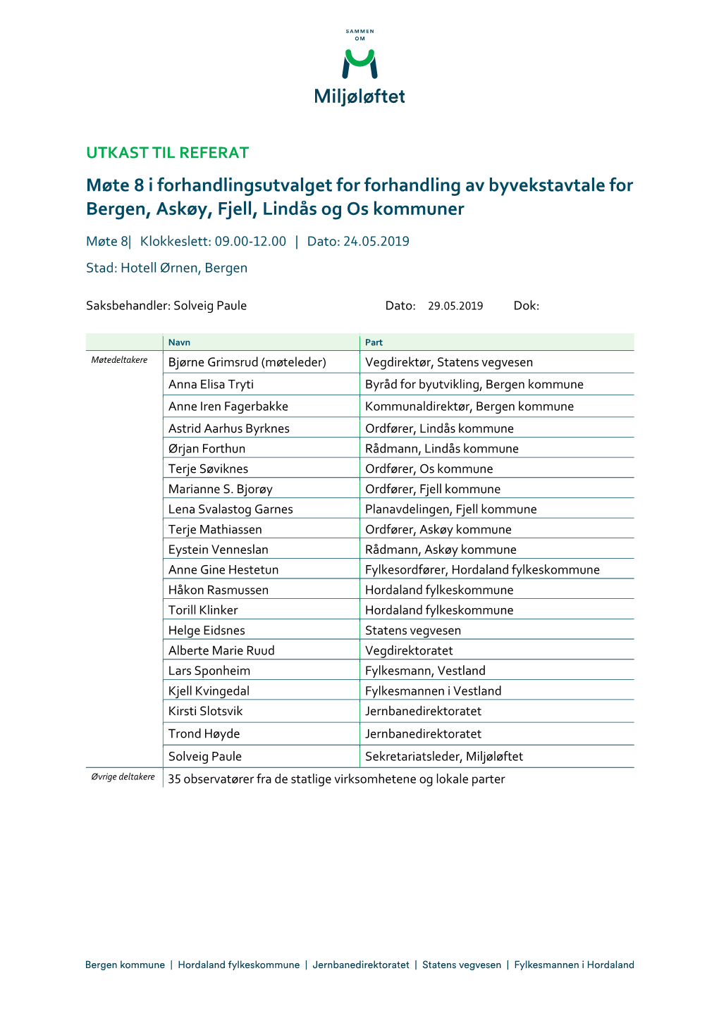 Møte 8 I Forhandlingsutvalget for Forhandling Av Byvekstavtale for Bergen, Askøy, Fjell, Lindås Og Os Kommuner