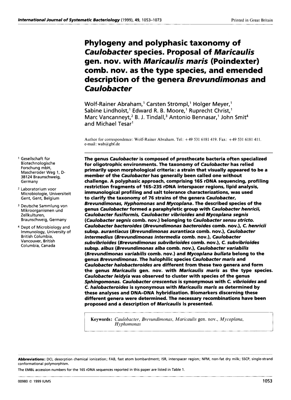 Phylogeny and Polyphasic Taxonomy of Caulobacter Species. Proposal of Maricaulis Gen