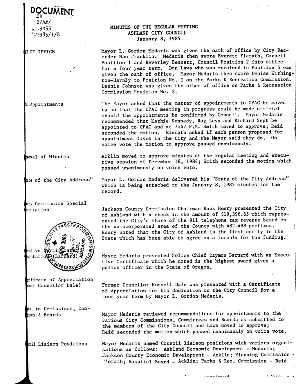 Minutes of the Regular Meeting Ashland City Council Jan. 8, 1985