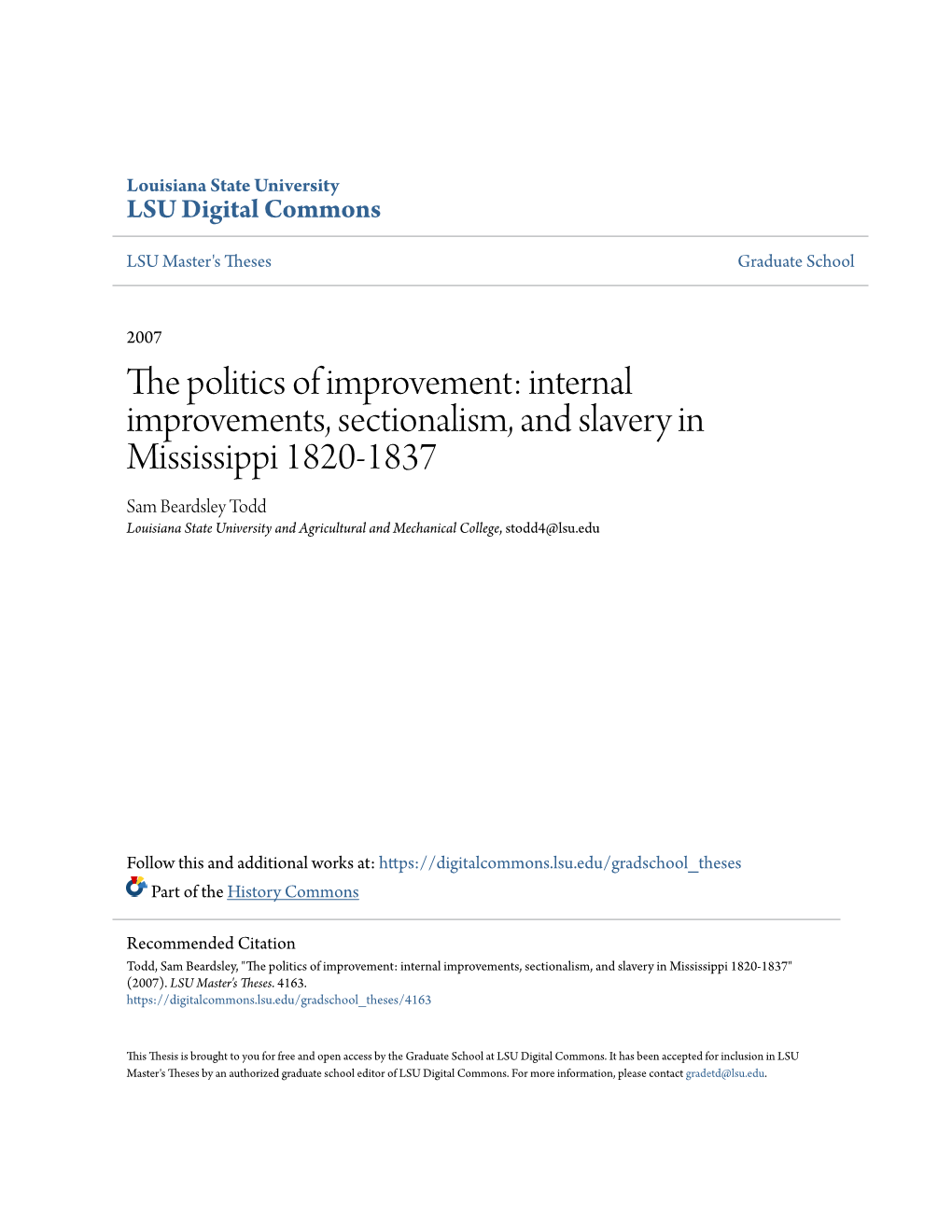 Internal Improvements, Sectionalism, and Slavery in Mississippi 1820-1837